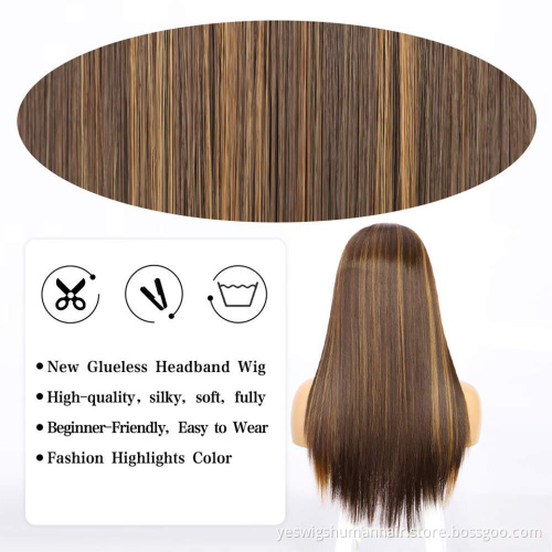 Cheap Raw Indian Virgin Human Hair Wigs Bulk Highlight  Headband Hair Wig 180% Density Human Hair Brown Straight Headband Wig